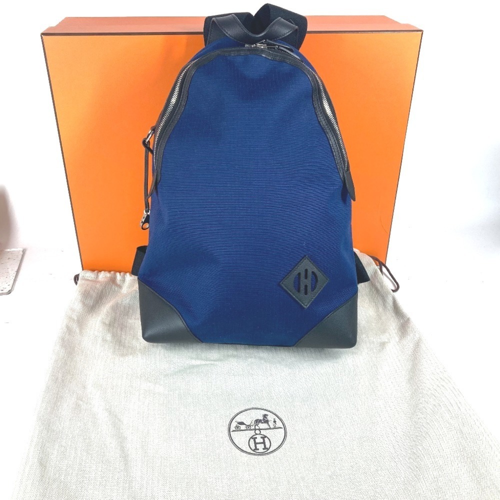 HERMES H Sac Addo All Back Backpack Bicolor Rucksack Leather Canvas Men's Blu...